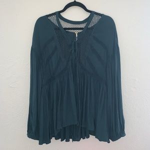free people dark green lace up blouse size large